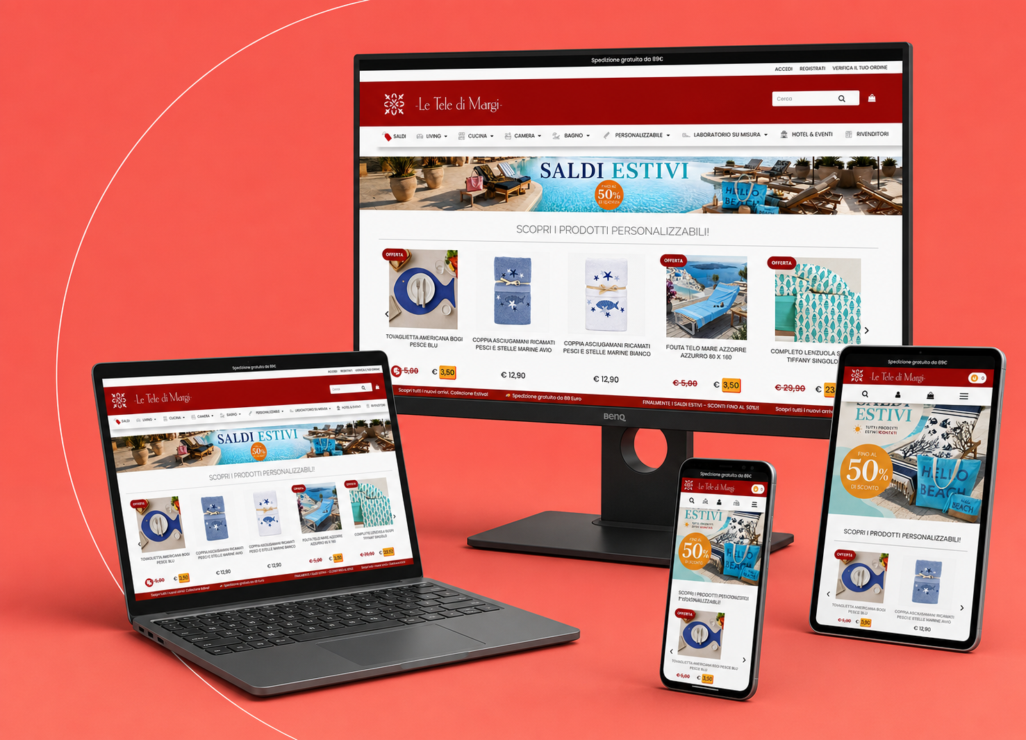 Responsive mockup of the Le Tele di Margi website on desktop, tablet and mobile