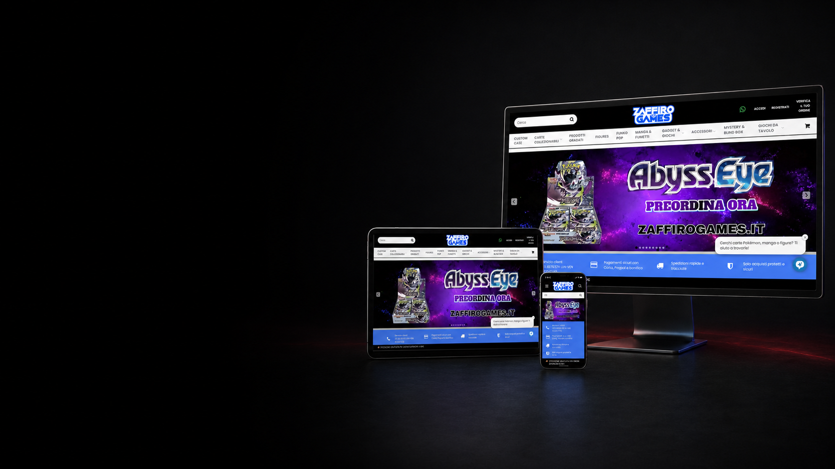 Responsive Zaffiro Games website mockup on desktop, tablet and smartphone
