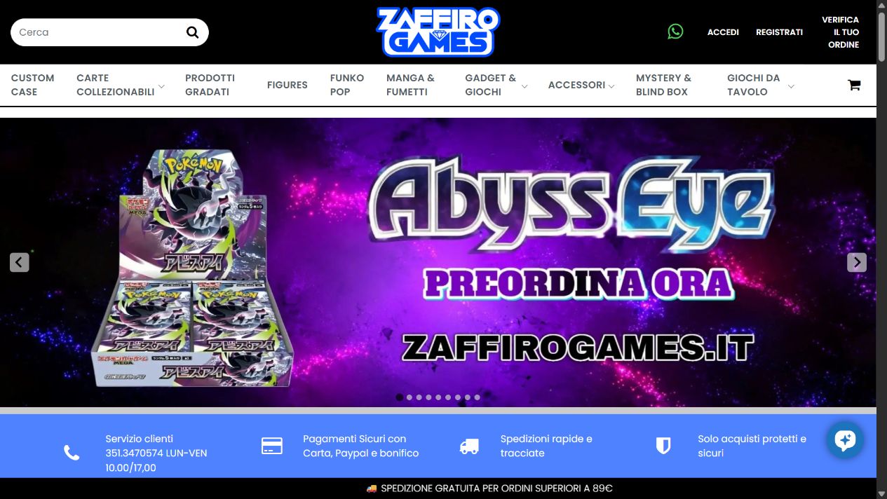 Zaffiro Games homepage with promotional banner